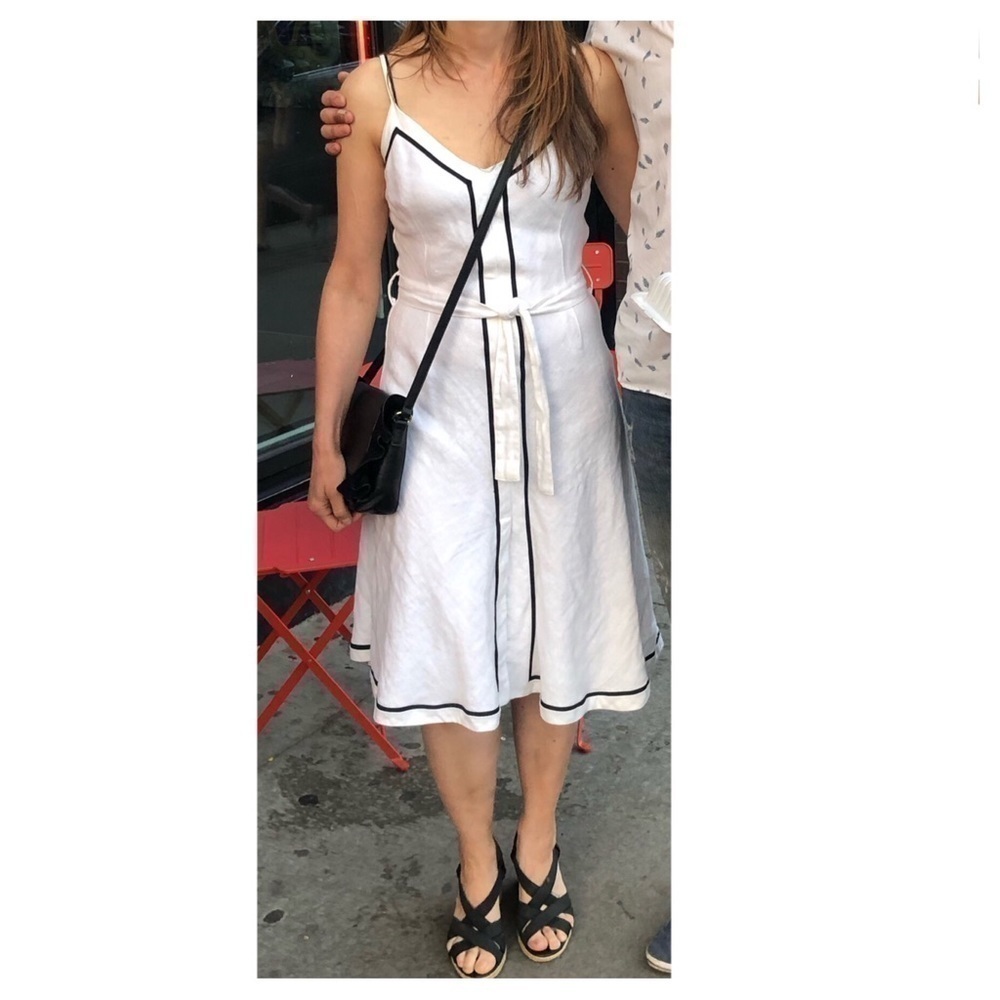 Zara 100% Linen White with Black Trim Fit Flare Dress Sz L